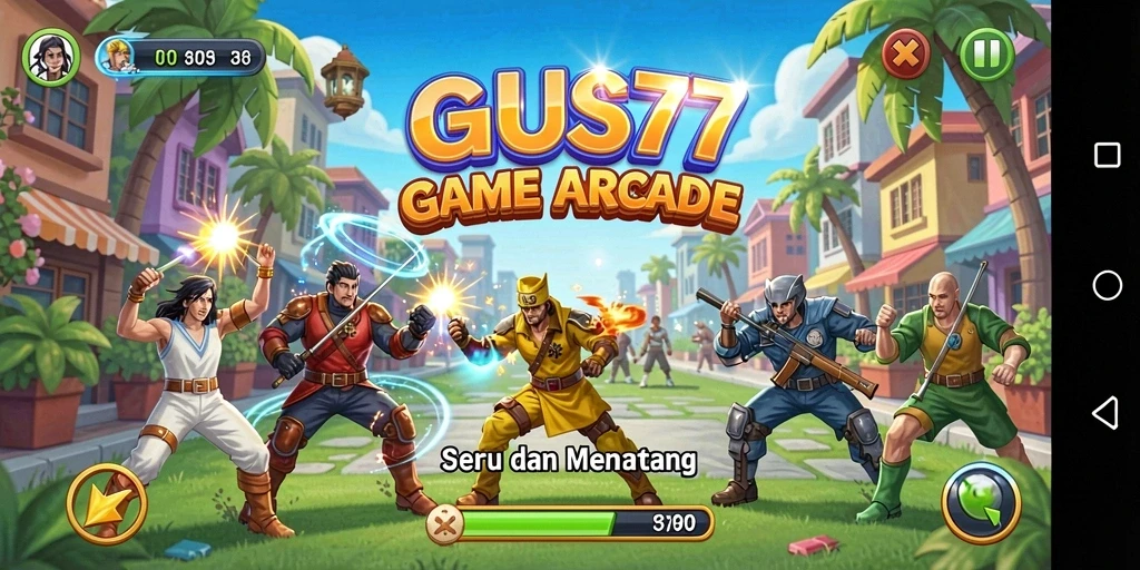 Tampilan gameplay GUS77 yang dinamis dan penuh warna.