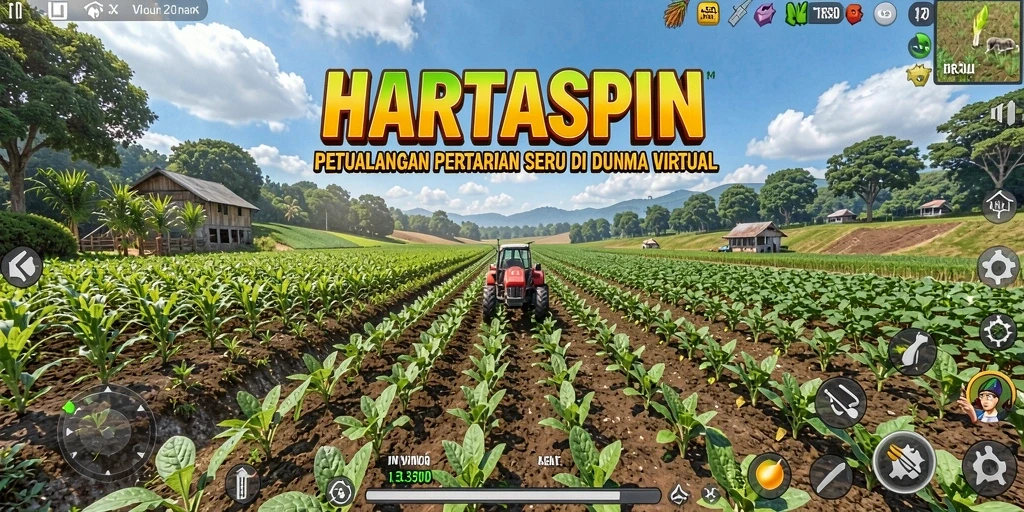 Gameplay HARTASPIN menampilkan aktivitas bertani yang menyenangkan dengan berbagai tanaman.