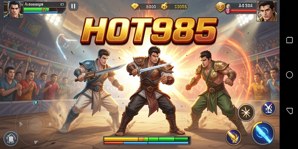 Tampilan gameplay HOT985 dengan karakter bertarung yang dinamis.