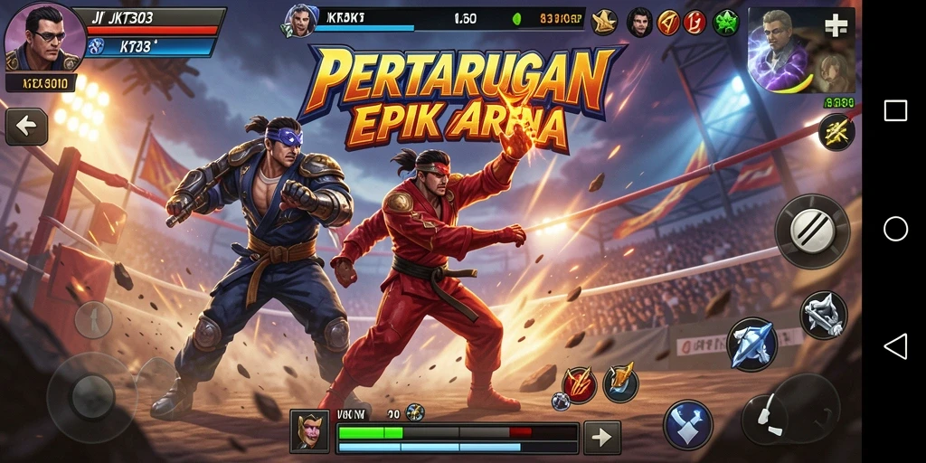 Screenshot utama JKT303 menampilkan pertarungan seru di arena.