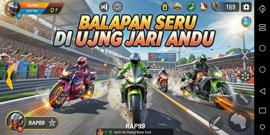 Gameplay balapan seru dengan mobil kustomisasi dan trek menantang.
