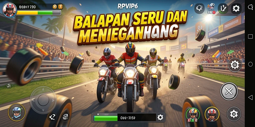 Tampilan gameplay RPVIP6 dengan aksi balapan mendebarkan di lintasan.
