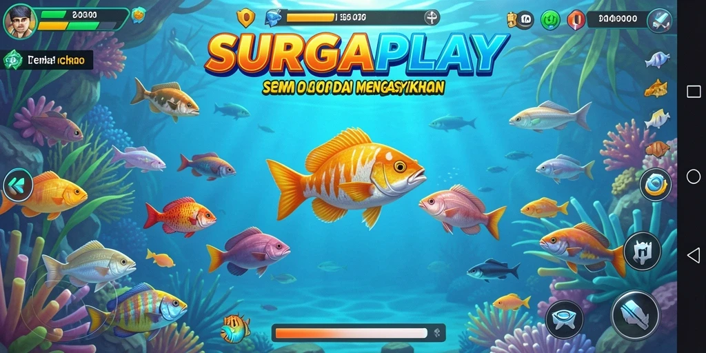 Screenshot gameplay SURGAPLAY menampilkan aksi seru menembak ikan.